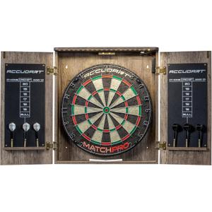 Accudart Match Pro Dartboard Cabinet Set - Official Size - Self Healing Sisal - Modern Style Woodgrain - Two Built-in Dartholders - LED Lighting - Includes Scoreboard, Chalk, Eraser, and Six Darts