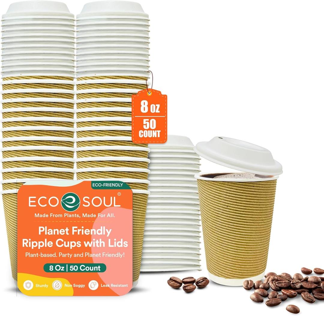 Eco Soul 8 Oz Compostable Ripple Paper Cups (50 Pack) With Lids  Biodegradable Paper Cups, Non-Toxic Disposable Cups For Hot Drinks, To-Go Coffee Cups