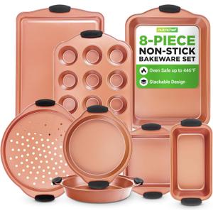 NutriChef 8 Piece Baking Pans Set - Nonstick Carbon Steel Bakeware Set w/ Silicone Heat-Safe Handles - Includes Loaf Pan, Muffin Pan, Cookie Sheets, Pizza Crisper, Roasting Pans - Rose Gold