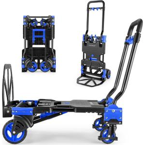 330LB Folding Hand Truck Heavy Duty Carrying, Combination of Four Wheels and Two Wheels Convertible Dolly Cart with Retractable Handle Dolly for Moving Office Carts(Blue)