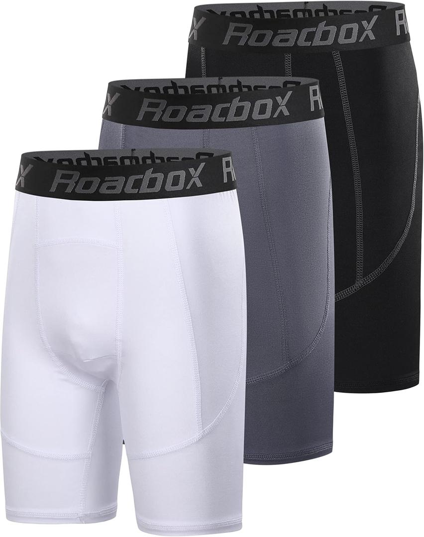 Roadbox Youth Boys Compression Shorts - Spandex Athletic Kids Running Compression Underwear for Basketball Baseball Soccer (Medium, 06 Black+White+Grey)