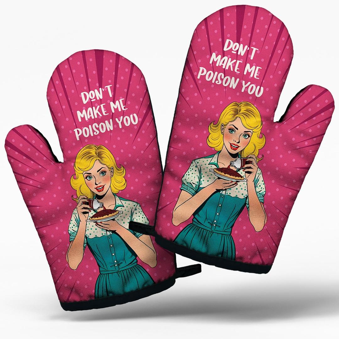 Funny Humor Sarcastic Cooking and Baking BBQ Kitchen Gadgets with Heat Resistant Silicone Non-Slip, Don't Make Me Poison Your Oven Mitts Set of 2, Gifts for Housewife Hostess Mom Aunt Sister BFF