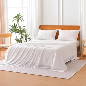 Jersey Knit Microfiber 4-Piece Sheet Set, Wrinkle Free and Easy Fit, Includes 16" Deep Pocket Fitted Sheet, 1 Flat Sheet and 2 Pillowcases, Queen, White