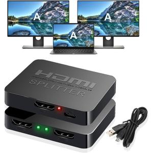 2 x HDMI Splitter 1 in 2 Out for Dual Monitors, 4K Dual HDMI Adapter Extender for 2 Monitors- Copy 1 Source to 2 Displays at The Same Time