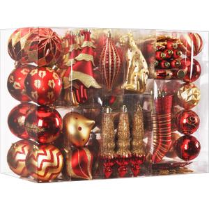 SHareconn 145pcs Christmas Balls Ornaments Set, Shatterproof Plastic Baubles Snowflakes, Stars and Tree Topper for Xmas Tree Holiday Wedding Party Decorations with Hanging Strings, Gold and Red