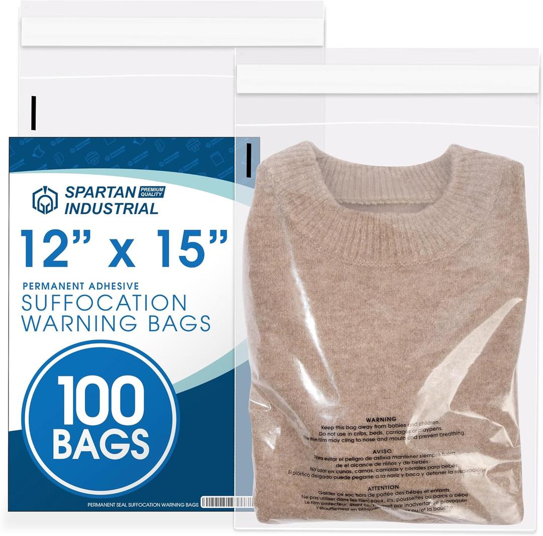 Spartan Industrial - 12 X 15 (100 Count) Self Seal Clear Poly Bags with Suffocation Warning for Packaging, T Shirts & Shipping - Permanent Adhesive