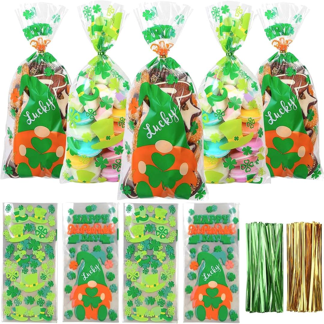 DIYASY St. Patrick's Day Cellophane Candy Bags,160 Pcs Shamrock Treat Goodie Bags Green Clear Plastic Goody Bag with 200 Twist Ties for Irish Day Party Favor