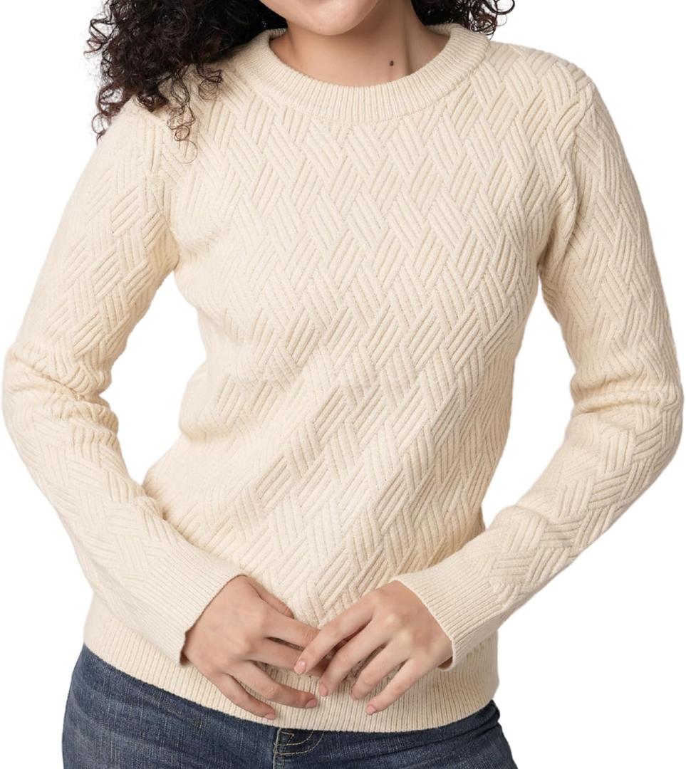 Womens White Crew Neck Sweater Long Sleeve Knit Pullover Top, Soft Fitted Winter Sweater for Women (Beige, M)