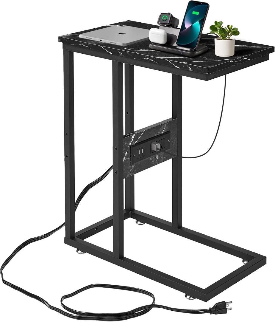 VECELO C-Shaped End Side Table with Charging Station & 2 USB Ports and Outlets for Living Room, Bedroom, with Adjustable Feet for Couch Sofa, Bedside, Small Spaces Black Marble (1)