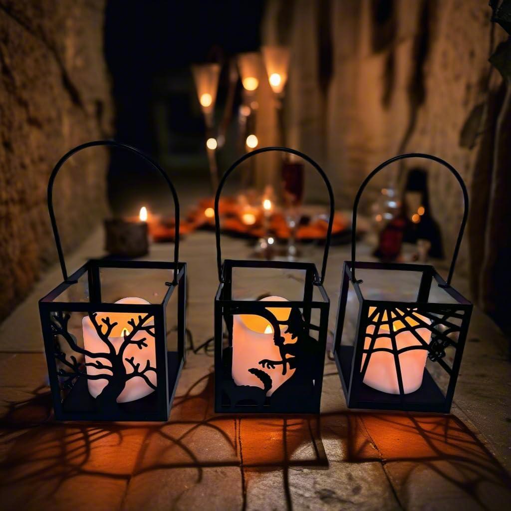 3-Pack Halloween LED Lantern Set - Flickering Electric Candles in Black Metal Frame with Handle - Witch, Spiderweb, and Tree Designs for Spooky Indoor Outdoor Decor