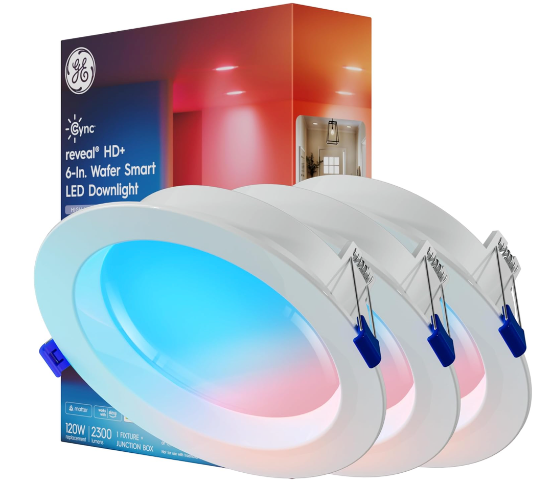 GE Cync Reveal HD+ Smart LED Wafer Downlight, Color Changing LED Light, Works with Alexa and Google Home, Matter Compatible, No Recessed Lighting Housing Required, Ceiling Lights, 6 Inch (3 Pack)