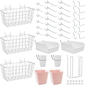 Pegboard Basket Organizers, Peg Board Large Baskets Hooks Bins Cups Tool Organizer 42 Pack Set, Wall Storage Display Hanging Accessories for Craft Office Stadio Shed Garage Organization (White & Pink)