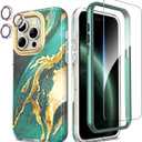 SHEDEER for iPhone 15 Pro Case with Glitter Camera Protector & Screen Protector, Anti-Yellowing Chic Stylish Pattern, Shockproof Drop Protection Anti-Scratch Phone Cover 15 Pro 6.1'', Dream Green
