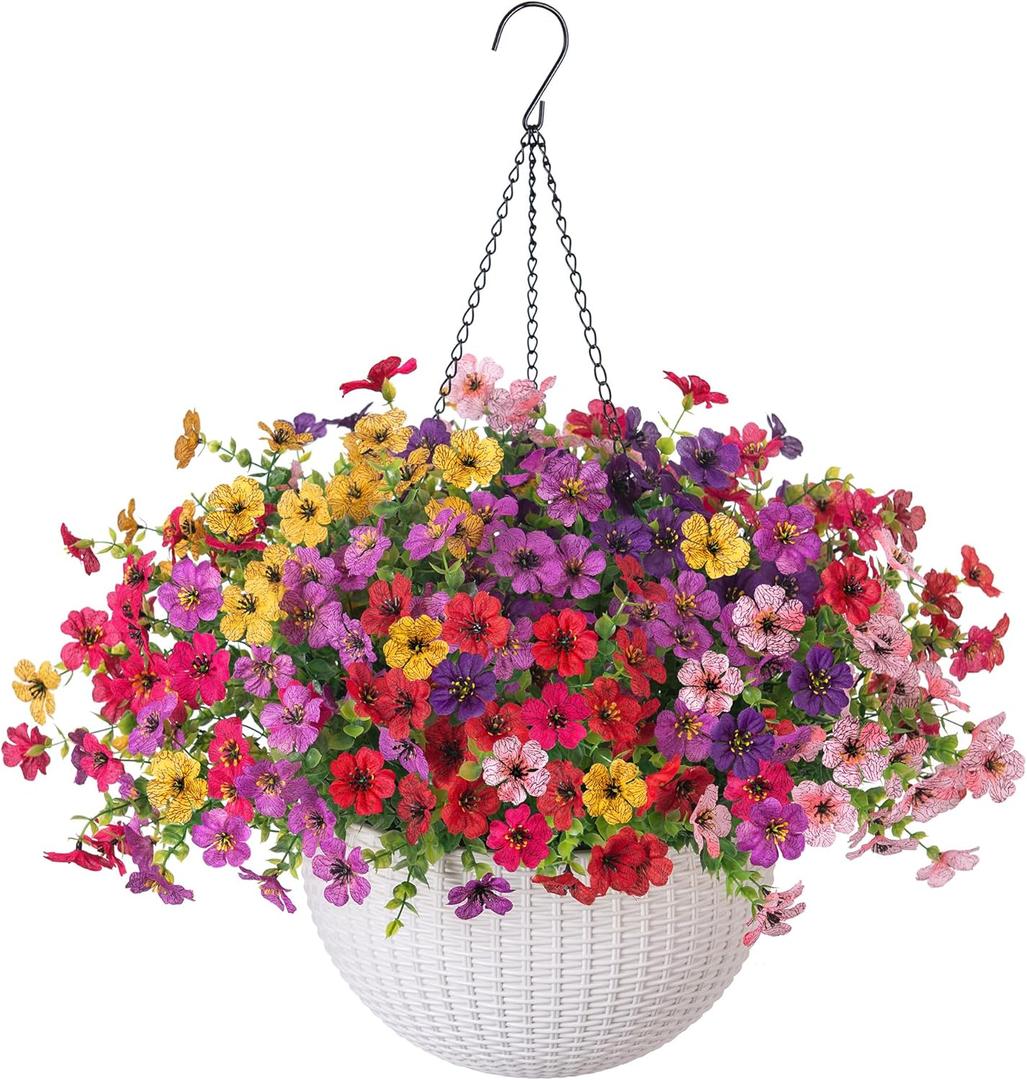 Artificial Faux Hanging Flowers Plants Basket for Outdoor Outside Decoration, Fake Silk Colorful Daisy in Planter for Porch Patio Garden Yard Home (6 Multicolor)