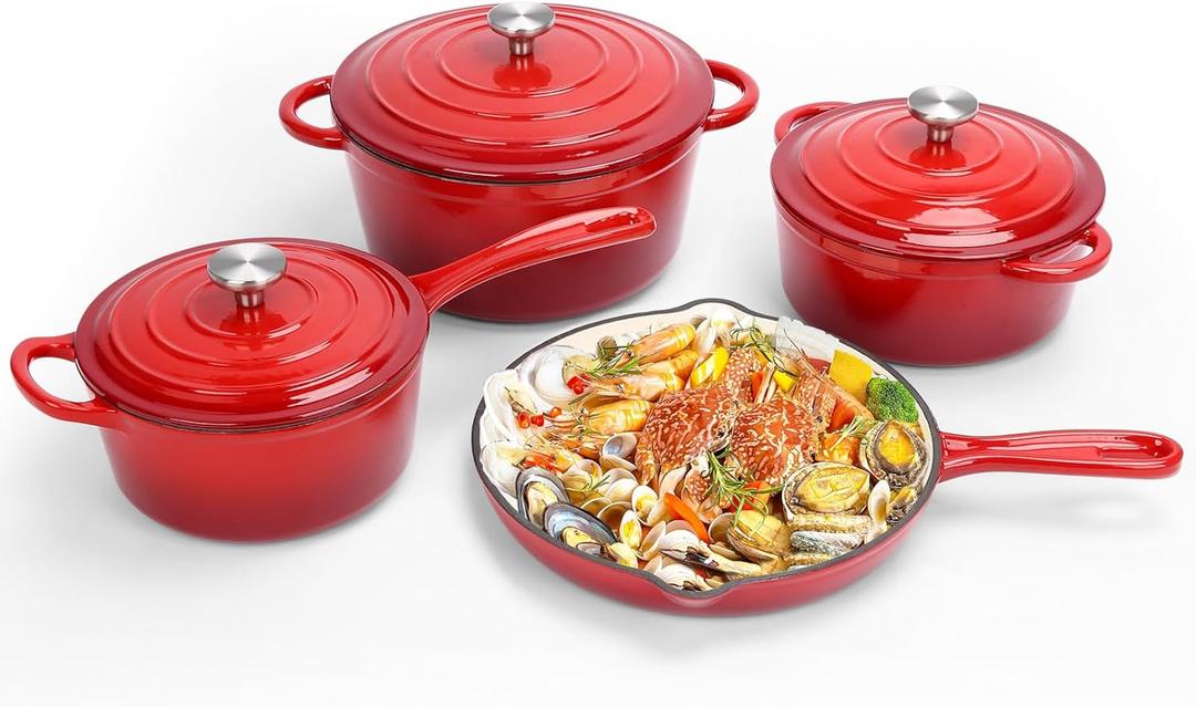 QuliMetal Nonstick Enameled Cast Iron Cookware Set, 7-Pcs Pots and Pans with Lid, Frying Pan Skillet, Sauce Pan, Healthy Round Dutch Oven Pot for Sourdough Bread Baking on All Stovetop, Rouge Red