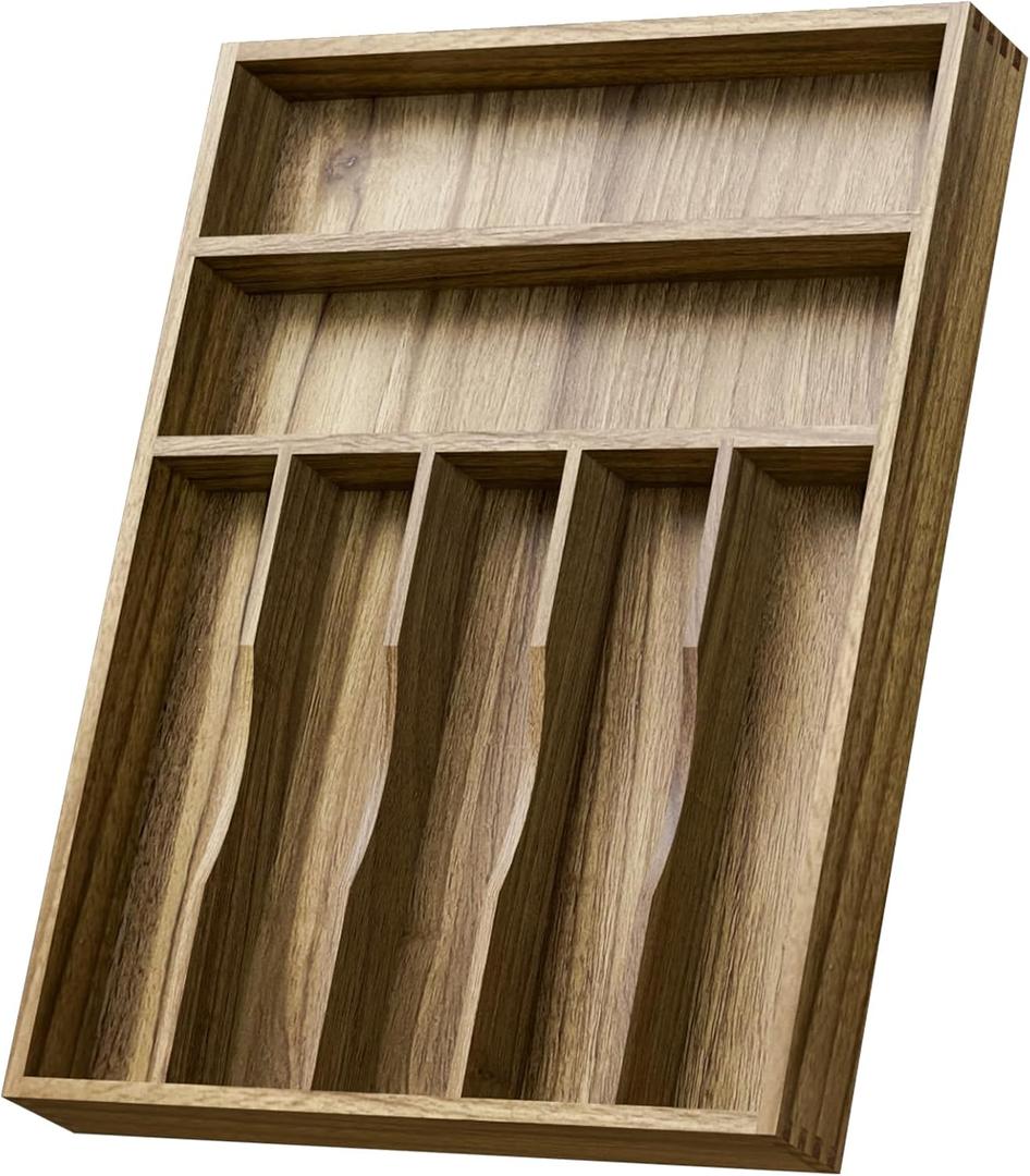 Kiasthome Acacia Wood Silverware Drawer Organizer, Kitchen Utensil Cutlery Drawer Organizer with Grooved Dividers, Flatware Organizer Silverware Tray Holder for Spoon, Fork, 13''x16.9'' (7 Slots)
