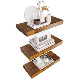 Colima Floating Shelves for Wall Brown Wood Wall Shelf for Bedroom, 15 Inch Wall Mounted Floating Shelves for Bathroom Living Room Kitchen Office, 1.3" Thick Floating Book Shelves for Wall, Set of 3