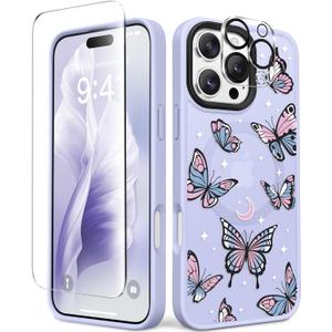3 x GVIEWIN Magnetic for iPhone 16 Pro Max Case Compatible with Magsafe, [Screen & Camera Lens Protector] Fashion Pattern Translucent Shockproof Phone Cover for 16 Pro Max 6.9" (Starry Butterfly/Purple)