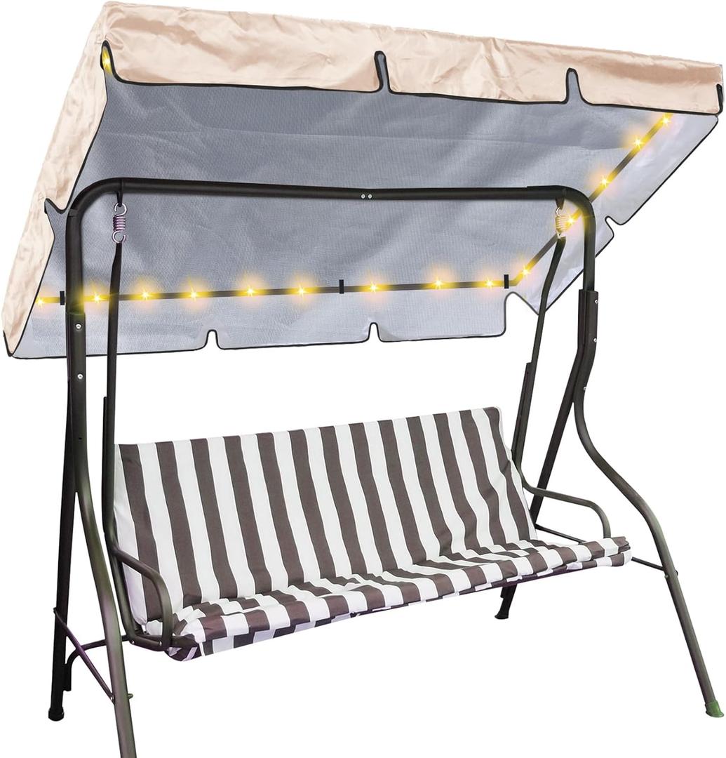 LED Lighted Porch Swing Canopy Replacement Waterproof LED Swing Canopy Top Cover 2-3 Seat Shade Awning Cover for Garden Outdoor Patio(77 x 49 Inch, Beige)