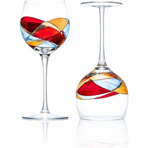 Victoria Barcelona Wine Glasses Hand-Painted Stemmed 14 oz Luxury Gift Women & Men Unique Art Gaudi Inspired by Sagrada Familia Red Murano Stained Glass Christmas Wedding Birthday Anniversary (Set 2)