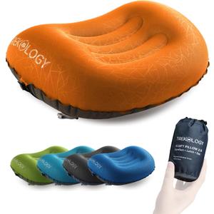 TREKOLOGY Ultralight Inflatable Camping Travel Pillow - ALUFT 2.0 Compressible, Compact, Comfortable, Ergonomic Inflating Pillows for Neck & Lumbar Support While Camp, Hiking, Backpacking (Orange)