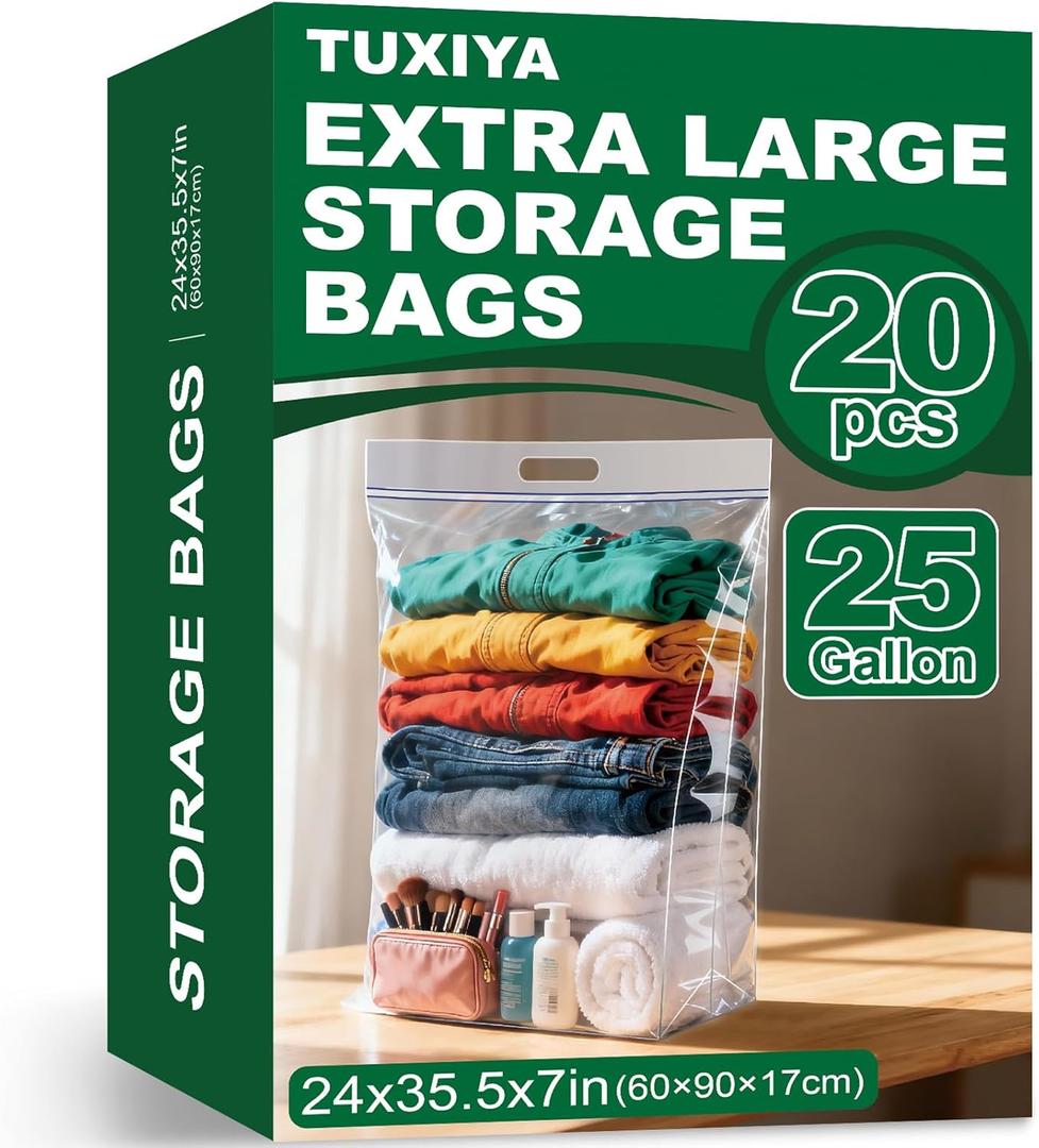 20 PACK 25 Gallon Extra Large Storage Bags, 35.5"x 24"x 7" Resealable Clear Zipper Bags with Handle, Heavy Duty Big Bag for Clothes Pillow Travel Moving, Expandable Bottom, 8 Mil Thick