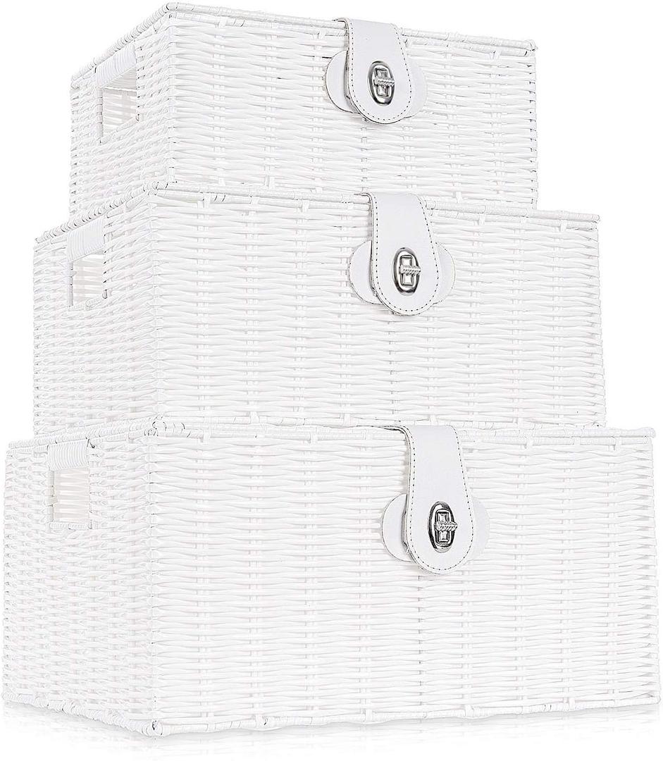 Set of 3 Woven Wicker Storage Basket Box with Lids & Lock, Built-in Carry Handles, Multifunctional Storage Organizer for Nursery, Baby, Clothes, Toys, Books, Large/Medium/Small Size (White)