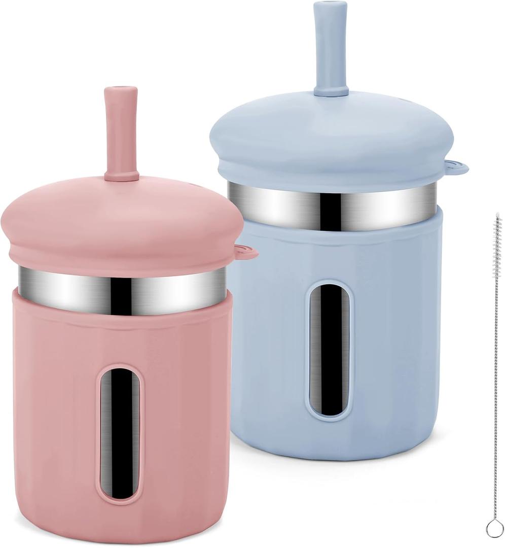 Beyoung Kids Cups with Straws and Lids, 12.5oz Stainless Steel Kids Straw Cups with Silicone Sleeves, Spill Proof, Durable Drinking Cups for Kid and Adults,2PACK (Coral+ Blue)