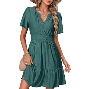 Simplee Womens 2026 Summer Mini Dress Eyelet Short Sleeve Cocktail Short Dresses Cute A Line Sun Dress with Pockets (Green, L)
