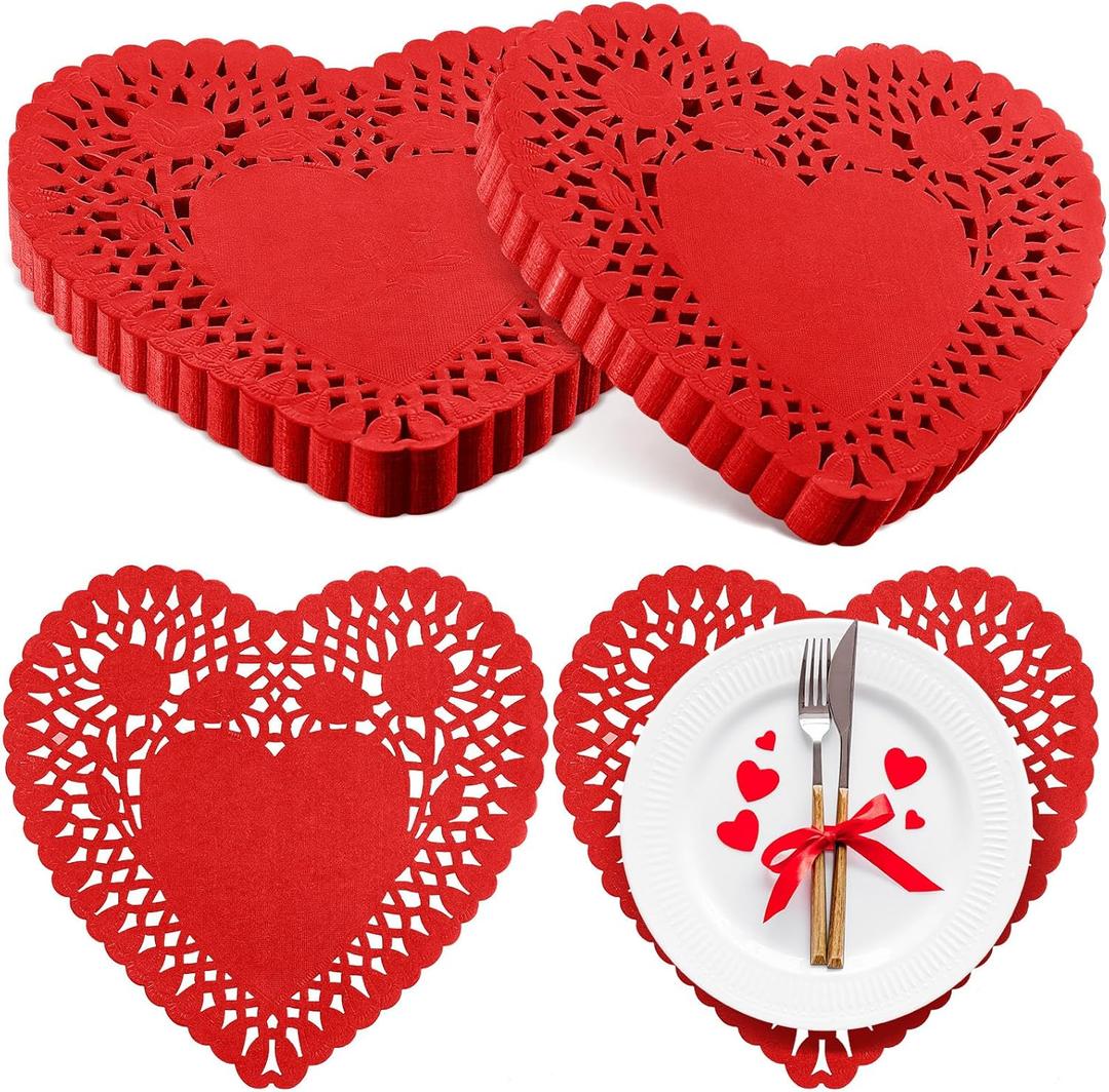 Newwiee 300 Pcs Valentine's Day Paper Heart Doilies Lace Trimmed Heart Doilies Disposable for Birthday Wedding Cakes Desserts Tableware Food Decoration(Red,8 Inch)