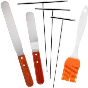6 Pcs Crepe Spreader and Spatula Kit Stainless Steel 3.5", 5", 7" T-shaped Batter Spreaders, 12" Offset Spatulas 10" Curved Offset Spatulas and Basting Brush for Pancake Cooking Tool(Wood)