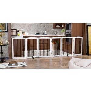 PUPETPO Freestanding Pet Gate for Dogs, Indoor Wooden Foldable Dog Gate for House, Extra Wide, Pet Fence for Stairs, Doorways, Halls, Support Feet Included, 120 Inch Wide, 6 Panels 32",White