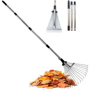 Adjustable Garden Rake, Heavy Duty 34 to 67 Inch Expandable Leaf Rake with 7-14 inch Wide Head, Shrubs, Yard, Garden Beds, Professional Landscaping Tools