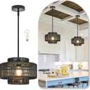 12" Black Rattan Chandelier Woven Rattan Pendant Light Boho Wicker Pendant Lighting Fixture 1-Light Farmhouse Chandelier Drum Wicker Chandeliers for Kitchen Island Dining Room Foyer