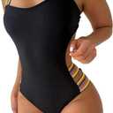 WDIRARA Women's Striped Tape One Piece Swimsuit Tummy Control Bathing Suit Cut Out Swimwear (L)