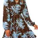 PRETTYGARDEN Women's Fall Boho Dresses 2026 Floral Long Sleeve V Neck Mini Flowy Wedding Guest Dress Trendy Vacation Outfits (Medium, Floral Brown Blue)