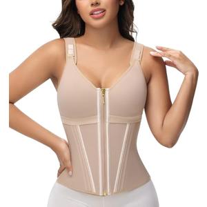 SHAPSHE Waist Trainer Corset for Women Tummy Control Sport Workout Body Shaper Vest for Women Postpartum Gym Zipper and Hooks Tan, L