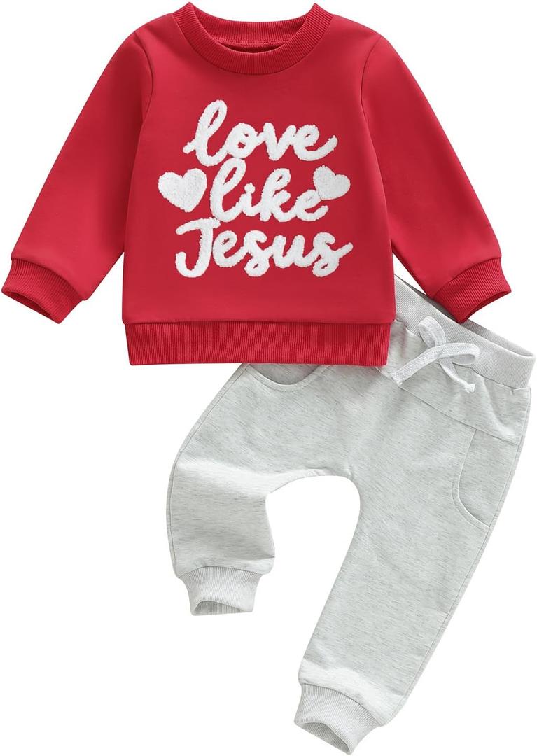 Douhoow Baby Boy Valentines Day Outfit Letter Print Sweatshirt Long Joggers Pants Boys Girls Festival Clothes (Red)