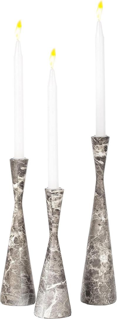 Marble Resin Candle Holders - Pack of 3 Gray Decorative Taper Candlesticks for Luxurious Home Decor, Elegant Dining Table Centerpieces, Stylish Interior Accents, and Exclusive Event Illumination