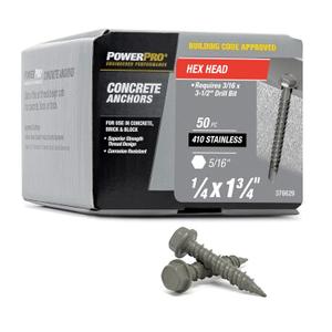 Power Pro Concrete Screw Anchors #410 Stainless Hex Washer (1/4" x 1-3/4") 100-Piece