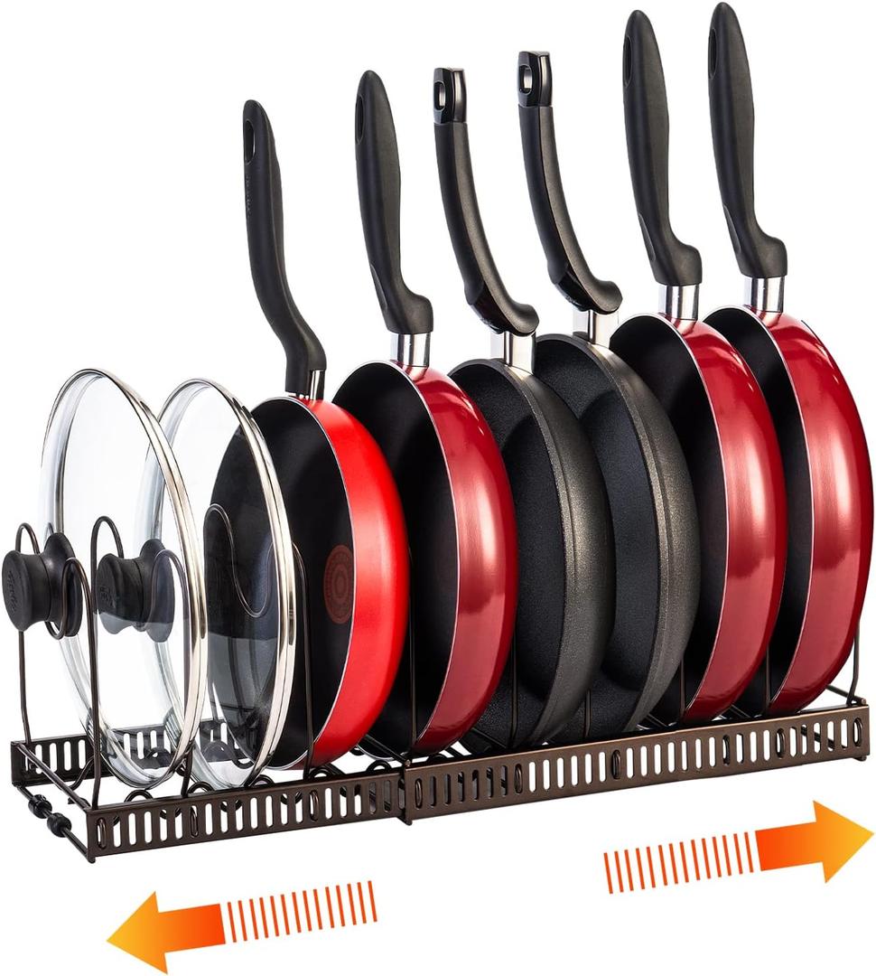 Pot Organizer Rack for Cabinet, Expandable Pot Racks, Pots and Pans Organizer for Kitchen Cabinet, 3 Easy DIY Methods Pot Rack Organizer, Pot Lid Holder with 10 Adjustable Compartments (Bronze)