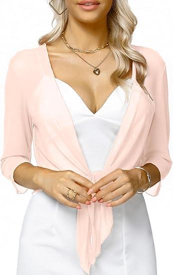 Aiboria Womens 3/4 Sleeve Shrug Sheer Mesh Bolero Tie Front Cropped Cardigan Small, Light Pink