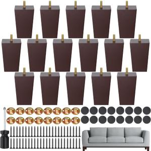 TURSTIN Set of 16 Brown 4 Inch Square Solid Wood Furniture Legs Wooden Replacement Feet for Sofa, Couch, Chair, Bed, Cabinet, Table, Includes Screws, M8 Iron Washers, Felt Pads & Screwdriver