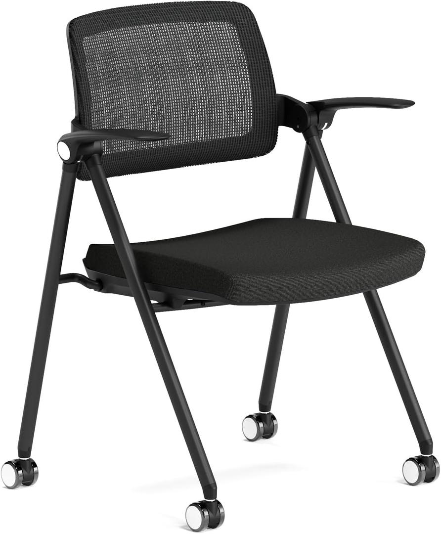 FYLICA Stackable & Foldable Office Chair, Folding Desk Chair with Flip-Up Armrest, Breathable Mesh, Thick Seat Cushion & Rocking Backrest, Conference Room Chair with Wheel (Black1)