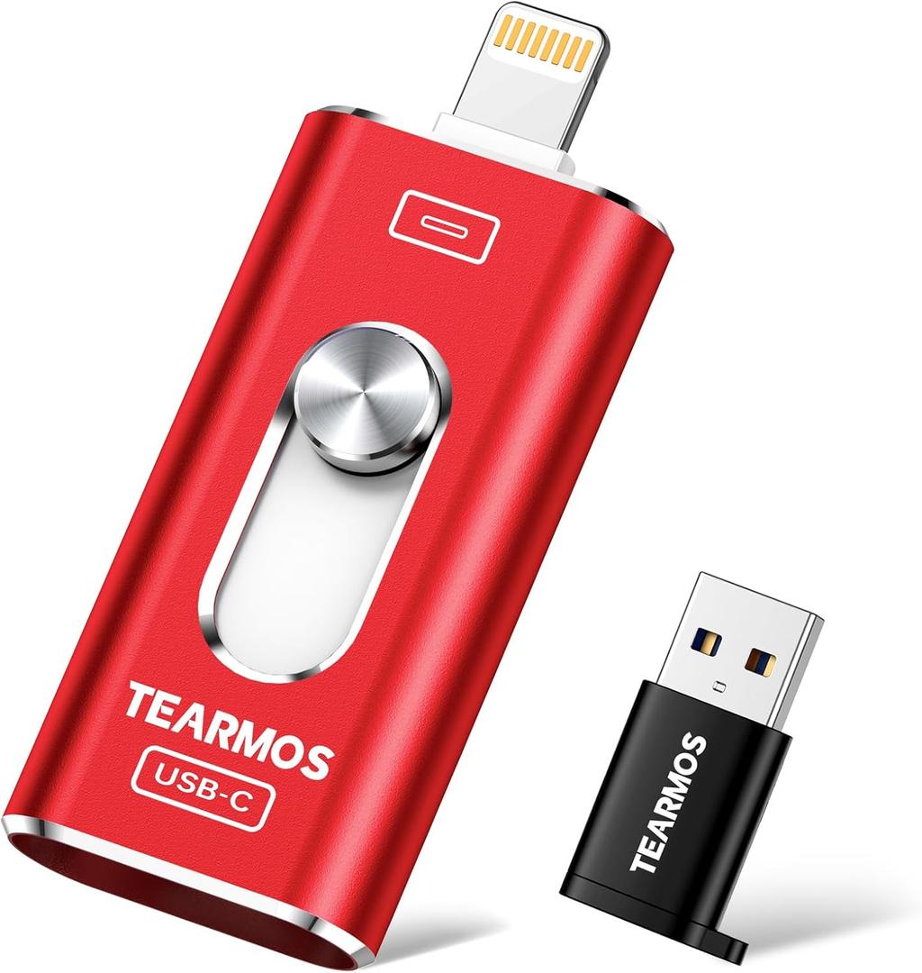 TEARMOS 256GB Photo Stick for iPhone Flash Drive, Memory Stick Phone Storage for Photos and Videos Files Backup, Compatible with iPhone iPad Android PC, Plug & Play, No App Required (Red)