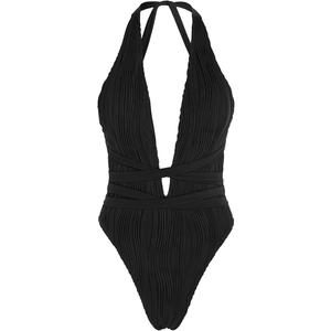 ZAFUL Women's One Piece Swimsuit Deep V Neck Ribbed Self Tie Sexy High Cut Bathing Suit Crisscross Back Swimwear (Black, Small)