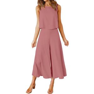 ROYLAMP Women's Summer 2 Piece Outfits Round Neck Crop Basic Top Cropped Wide Leg Pants Set Jumpsuits Cherry Pink M
