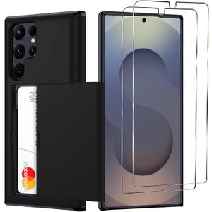 for Samsung Galaxy S25 Ultra Wallet Case with Card Holder, 2X Screen Protector Dual Layer Heavy Duty Protective Hidden Card Slot Case for Galaxy S25 Ultra 6.9" 2025 (Black)