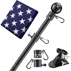 House Flag Pole With American Flag - Flagpoles Residential Kit with 5ft Tangle Free Metal Flag Pole,3x5 Embroidered US Flag,Holder Bracket,Heavy Duty Flag Poles for Outside House,Porch,Outdoor-Black