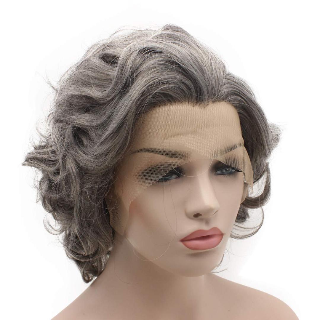 iwonawig Iewig Short Curly Old Lady Gray Heat Friendly Wig Natural Looking Synthetic Lace Front Stylish Wig